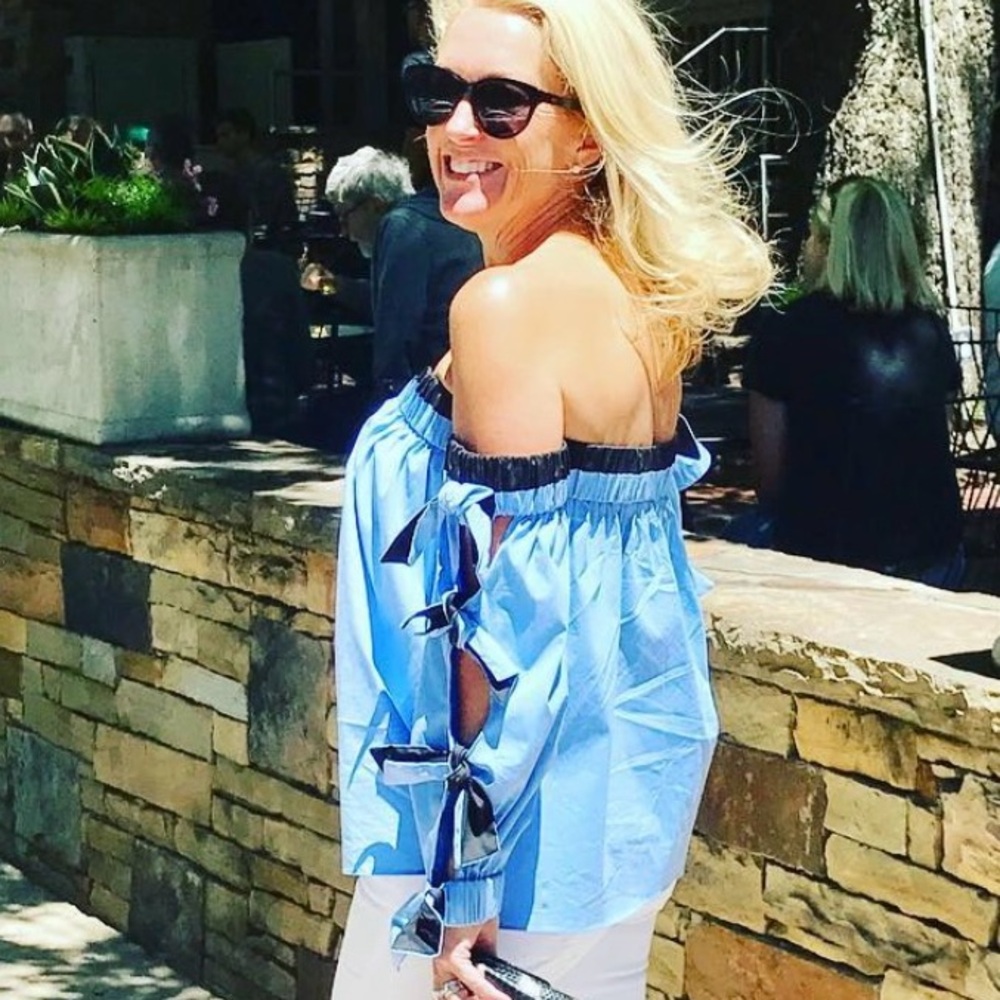 Milly Light Blue Off-Shoulder Blouse with Black Accents